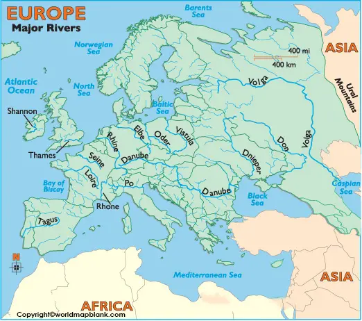 Beschriftete Karte von Europa mit Flüssen