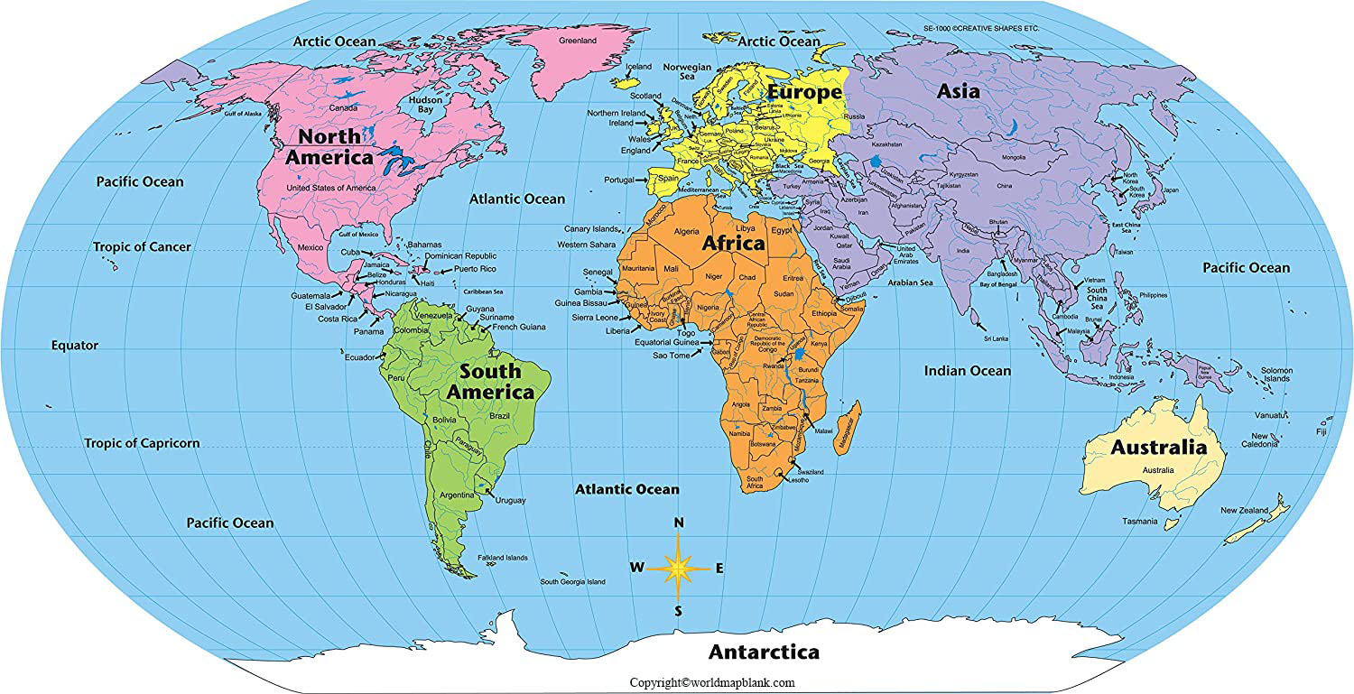 Map of World with Continents Labeled