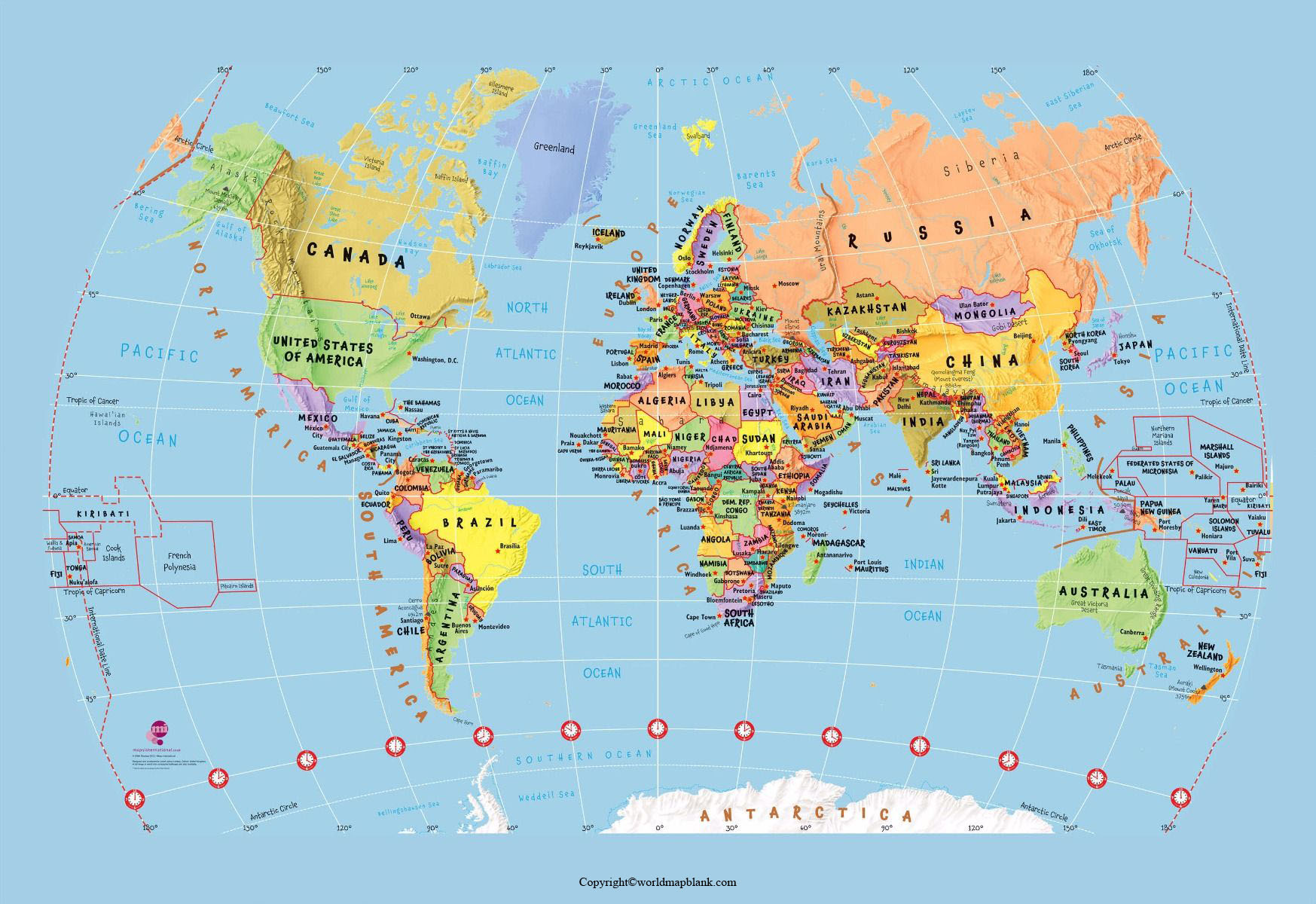 World Map with Continents, Countries, and Oceans