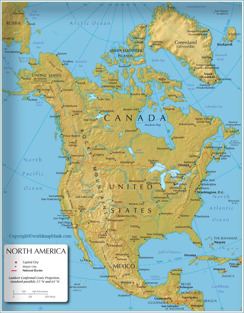 Labeled Map of North America with Countries in PDF