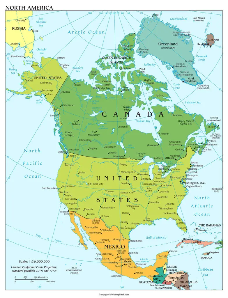 Labeled North America Map with Capitals