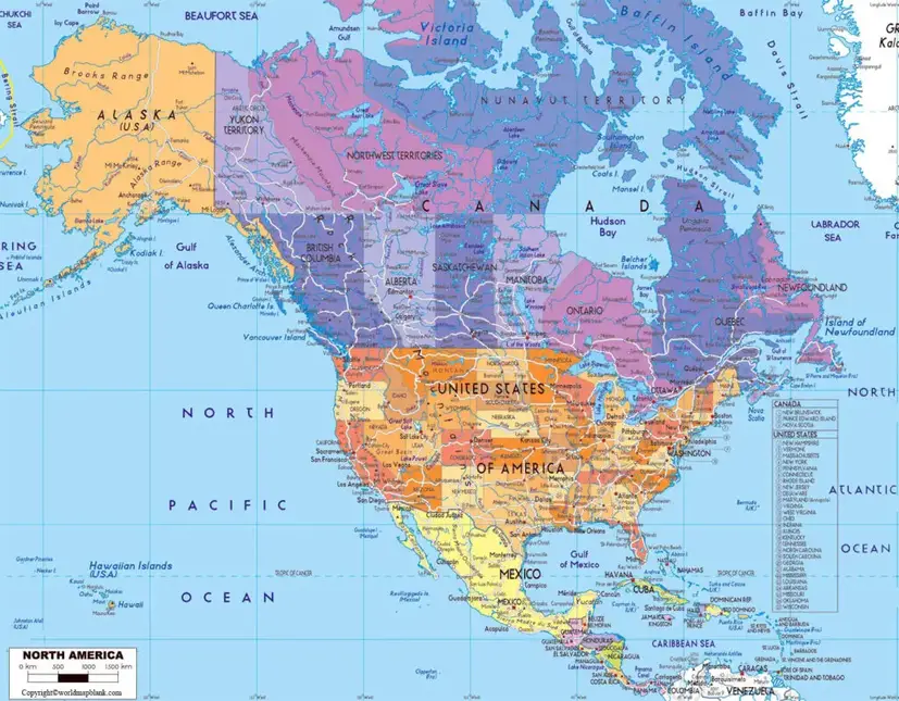 Labeled North America Map with Countries