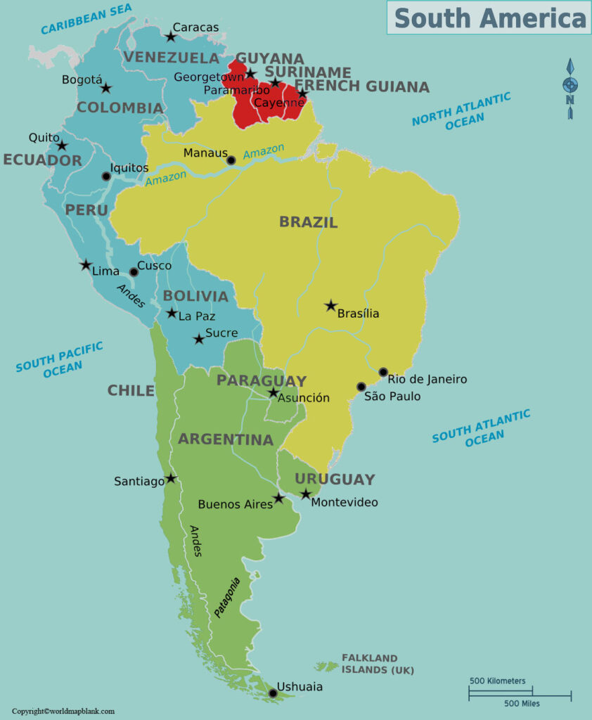 Labeled Map of South America with Countries in PDF