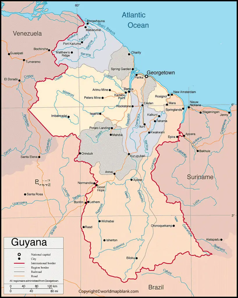 Guyana Map with Cities Labeled