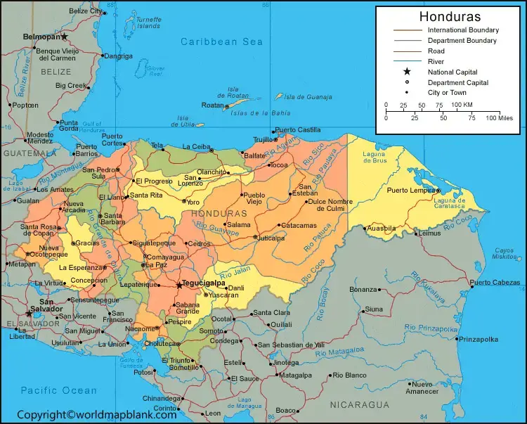 Labeled Map of Honduras with Capital