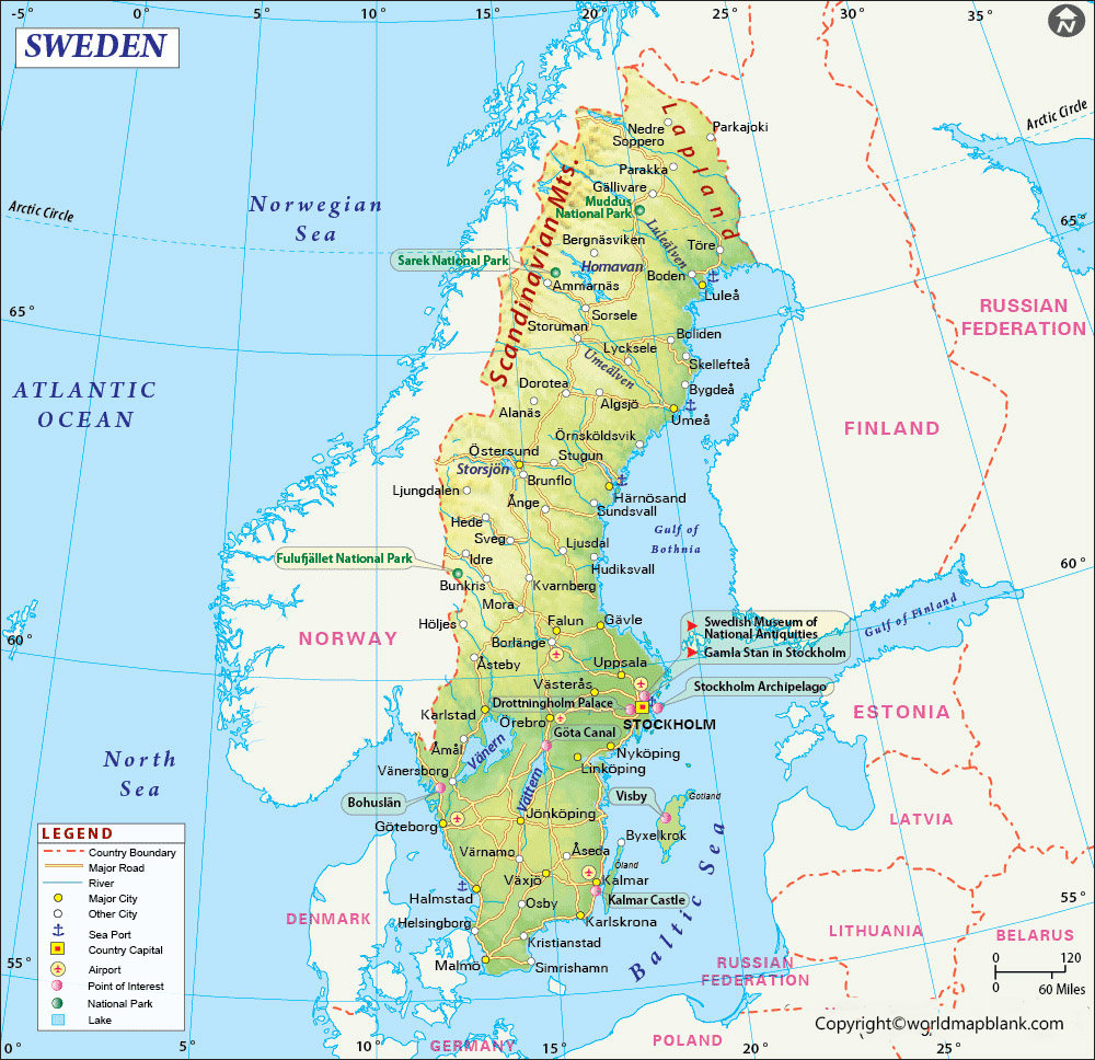 Labeled Map Of Sweden With States Cities Capital