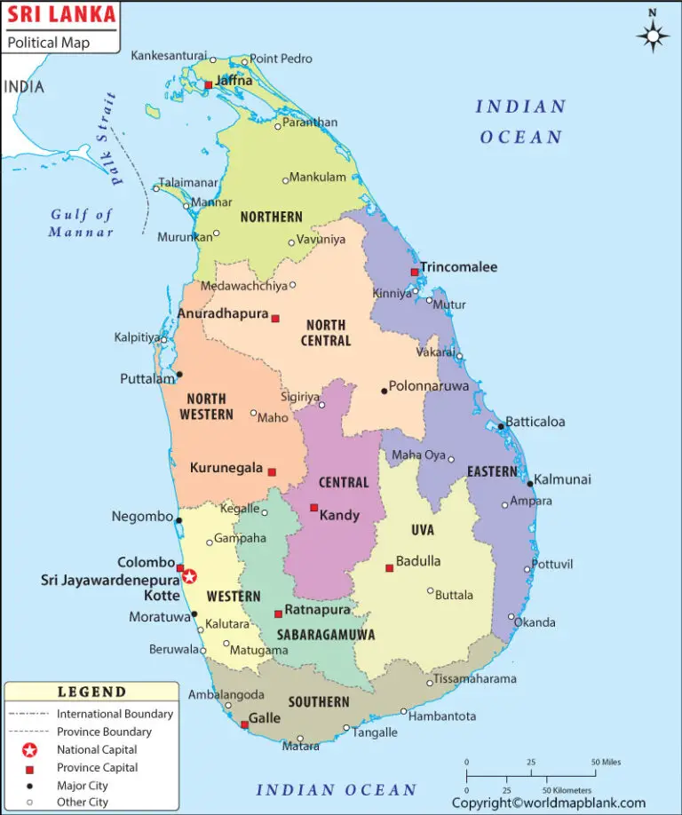 Labeled Map of Sri Lanka with States, Cities & Capital