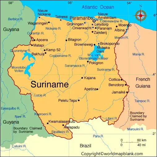 Labeled Map of Suriname with States