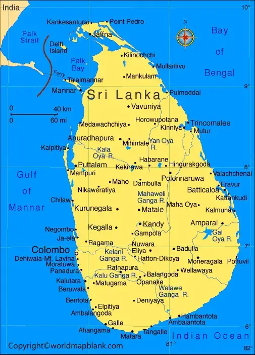 Sri Lanka Map with Cities Labeled