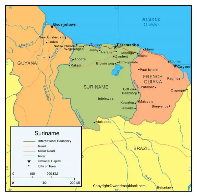 Suriname Map with Cities Labeled