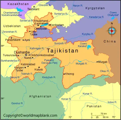 Tajikistan Map with Cities Labeled