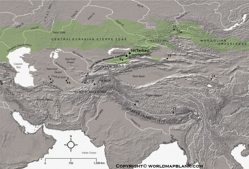 Printable Asia Mountains Map Labeled