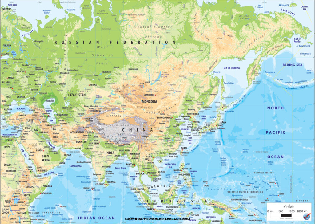 Map Of Asia Physical Labeled World Map Blank And Printable