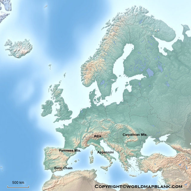 Printable Europe Mountains Map Labeled