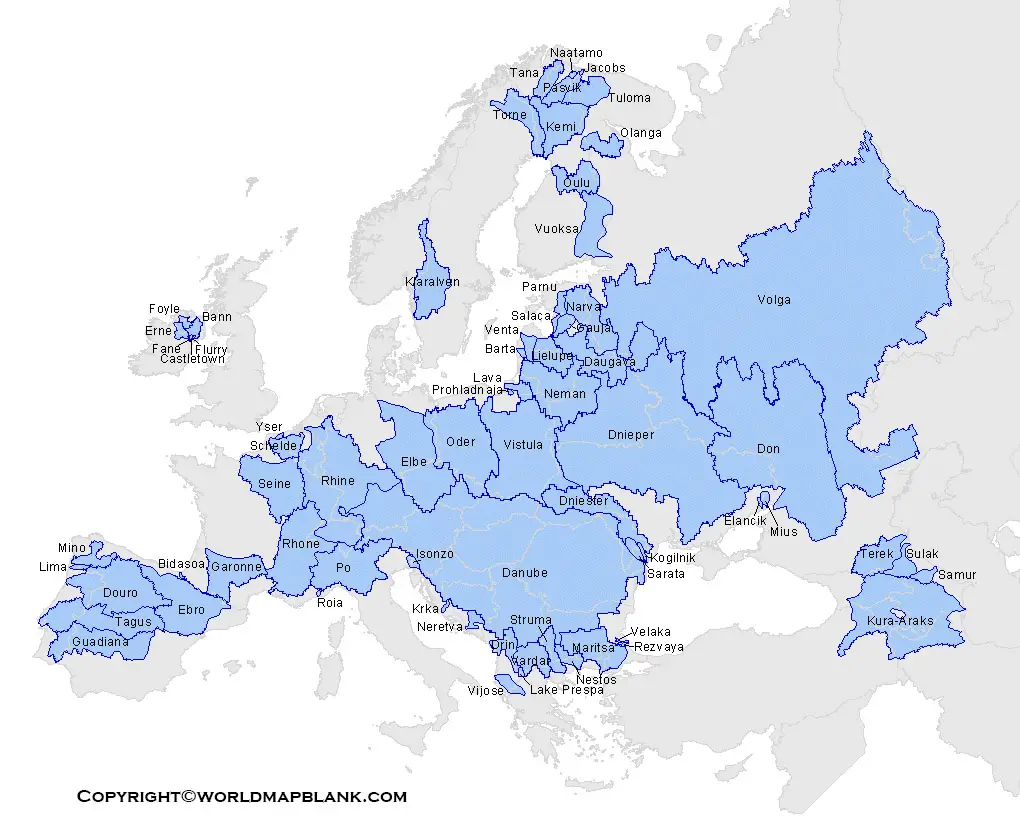 Printable Europe Rivers Map