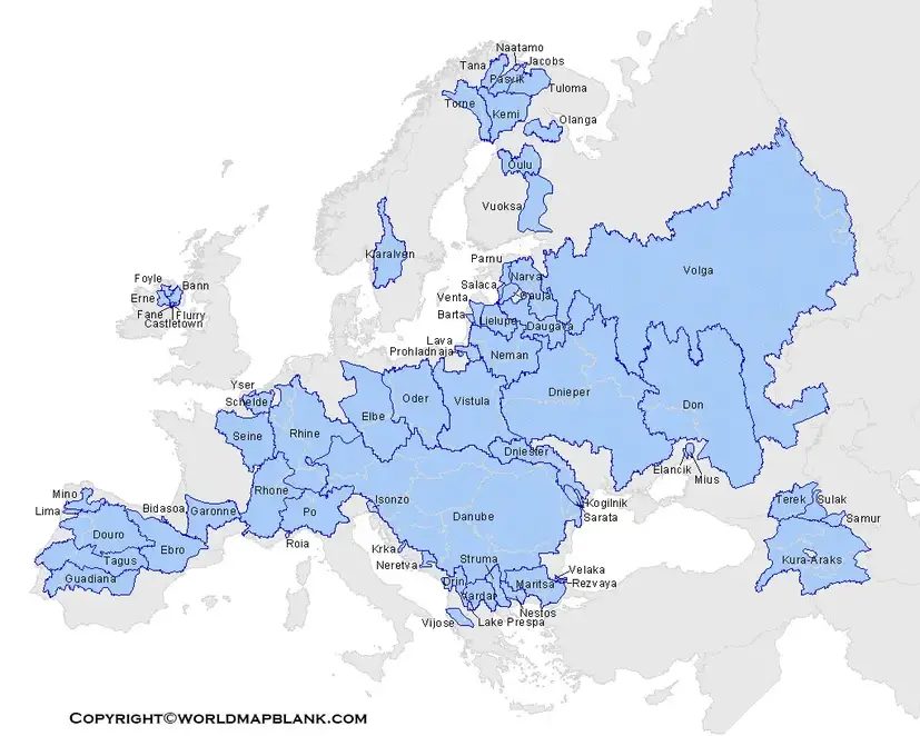 Printable Europe Rivers Map