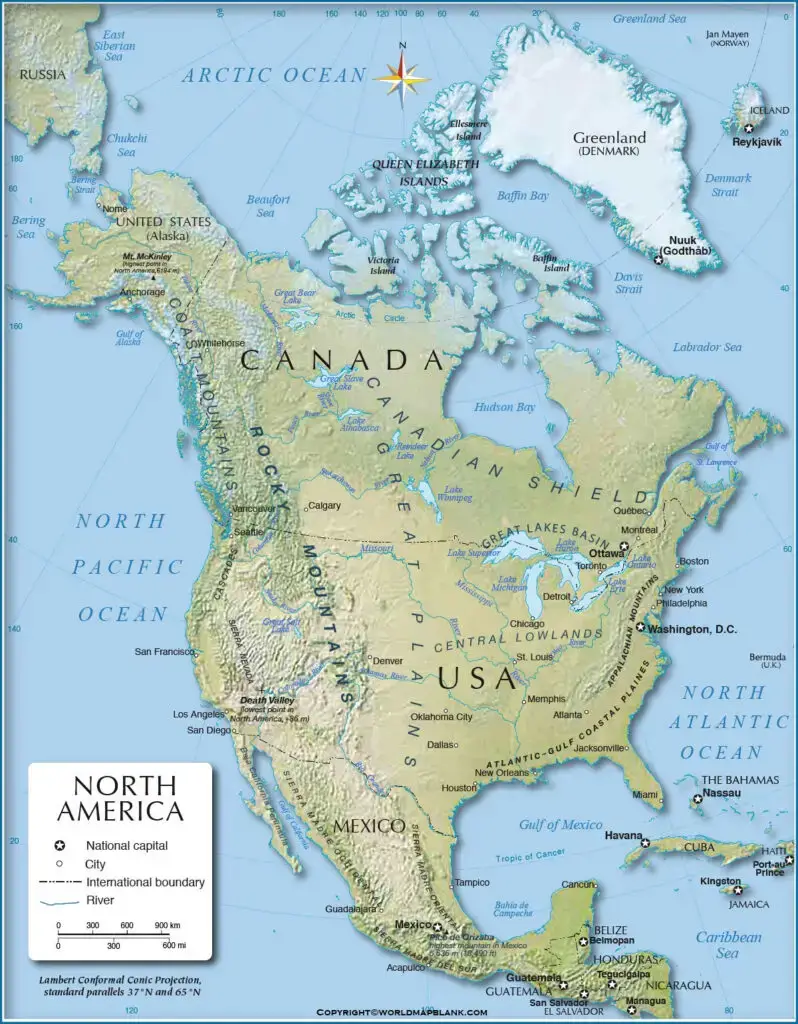 Map of North America Physical