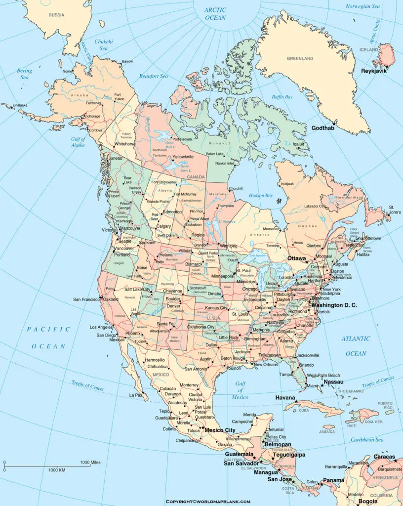 Printable North America Political Map