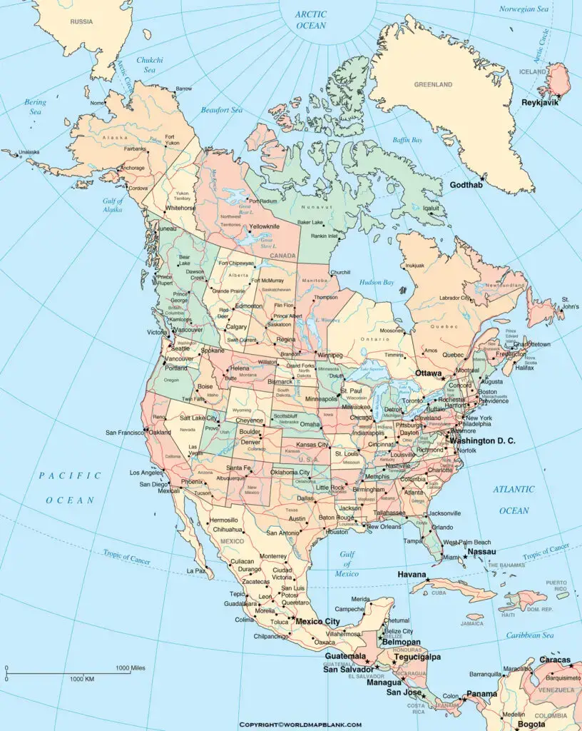 Printable North America Political Map