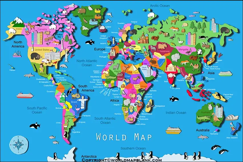 Printable World Map for Kids, Students & Children in PDF