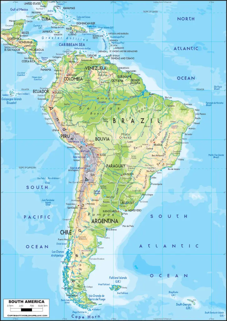 Physical Map of South America 