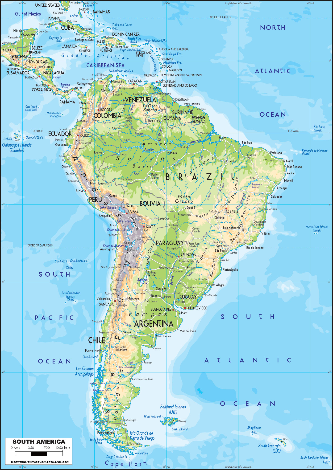 South America Physical Map English