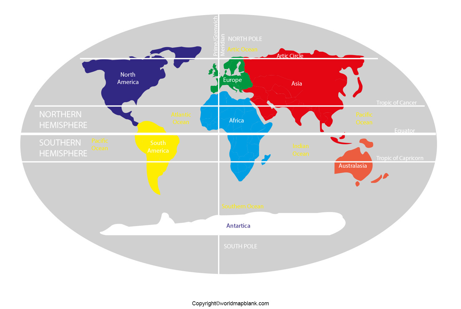 Printable World Map With Hemispheres And Continents In Pdf