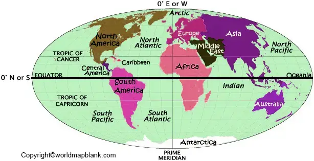 World Map with Hemispheres and Continents
