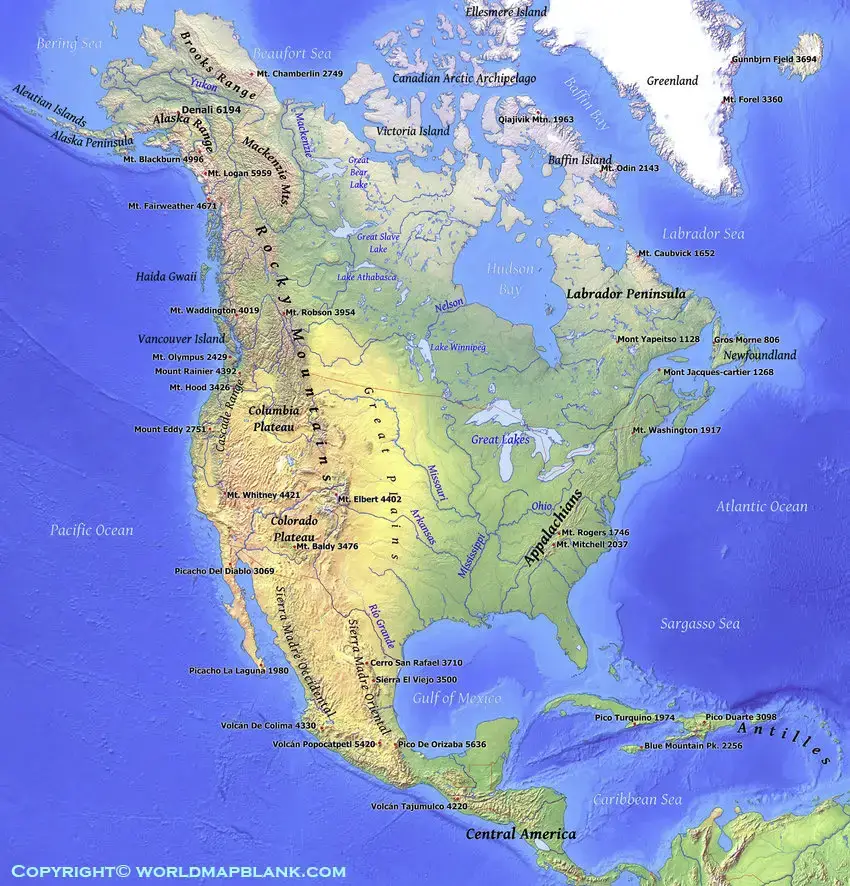 Map of North America Mountains