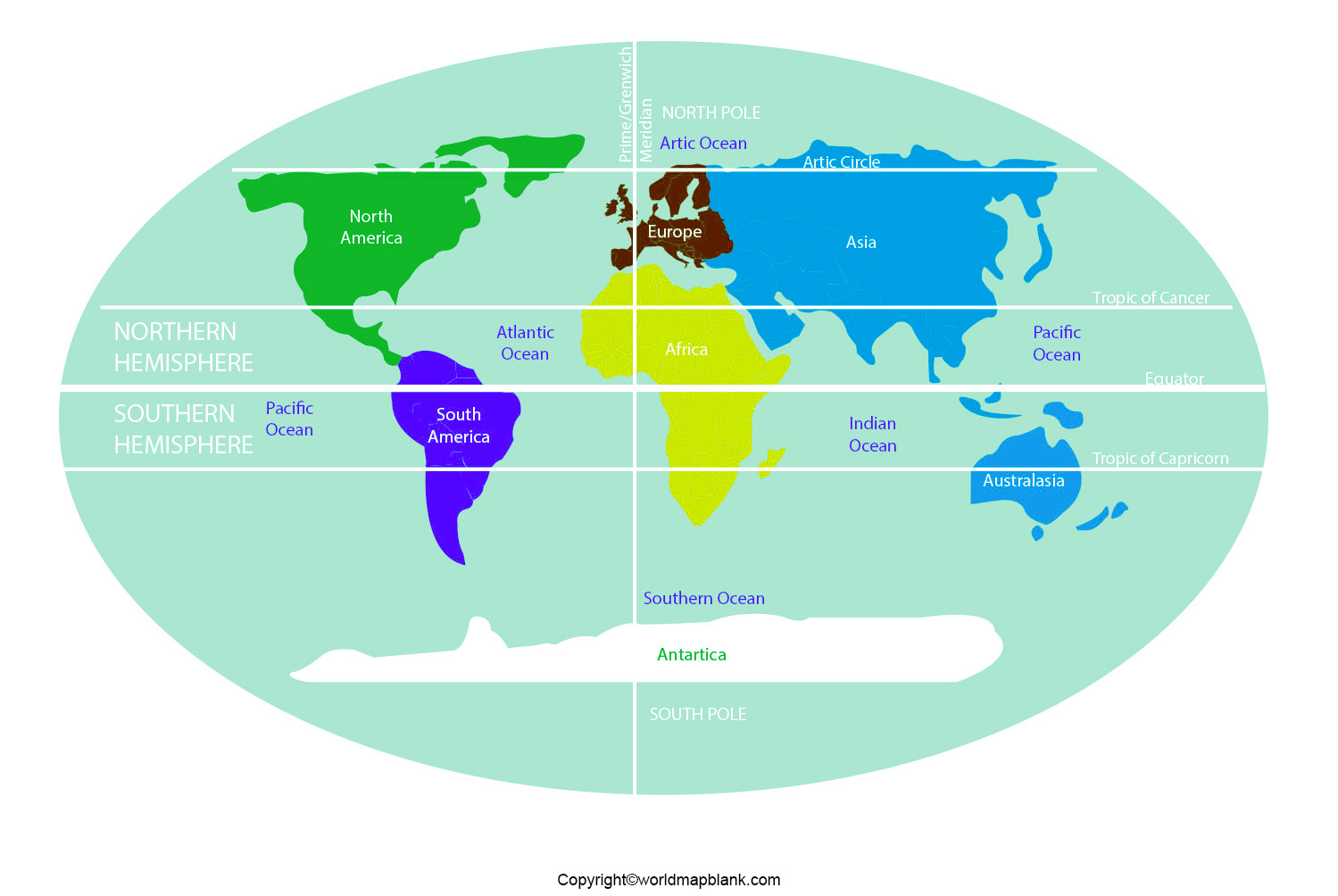 Printable World Map With Hemispheres And Continents In Pdf