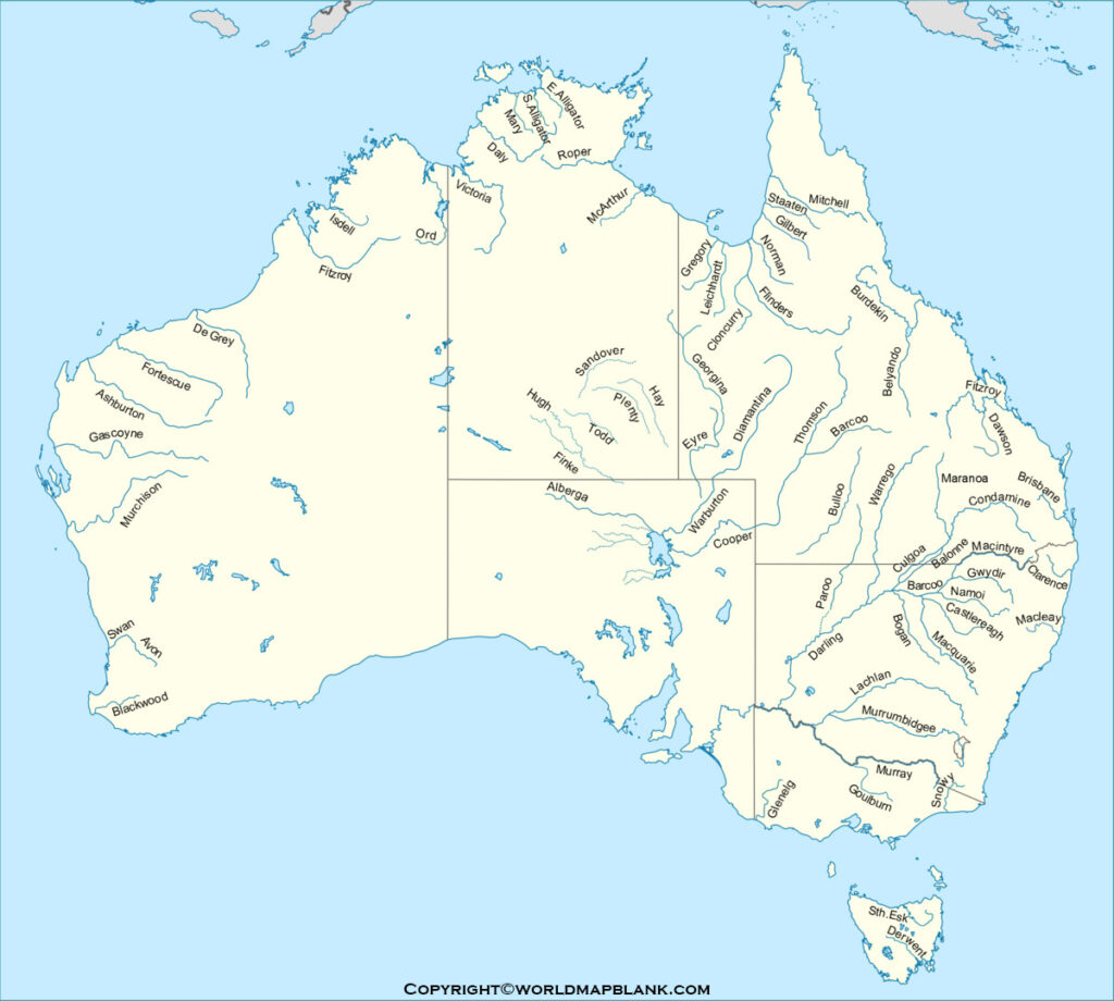 Printable Australia Rivers Map Map Of Australia Rivers