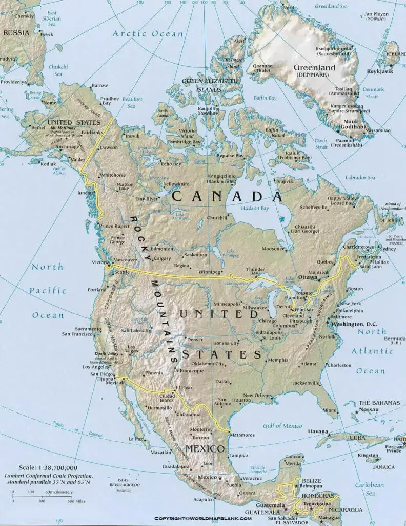 Map of North America Physical Labeled