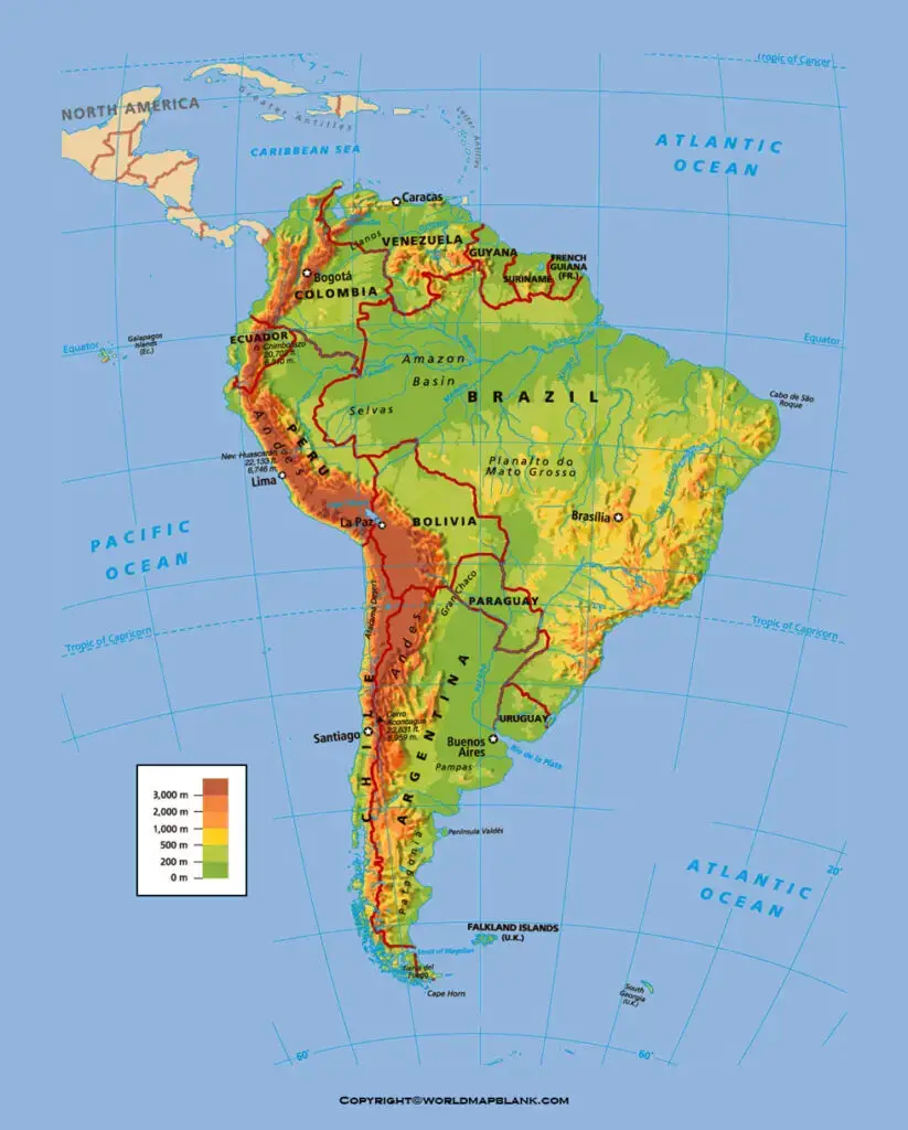 Map of South America Physical