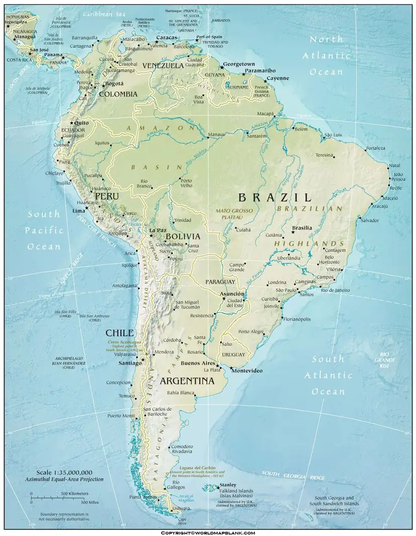 Printable South America Physical Map