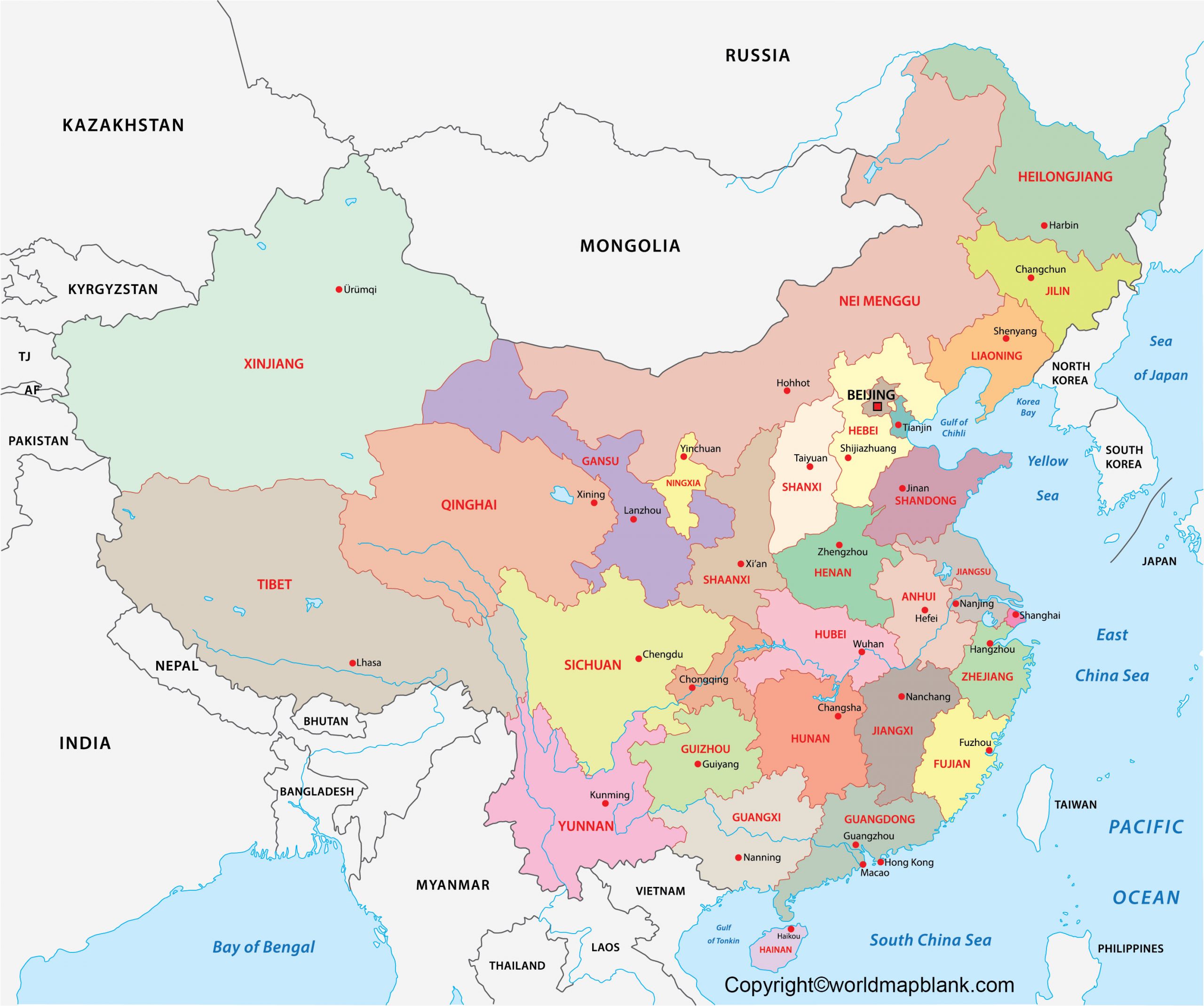 Labeled Map of China with Provinces