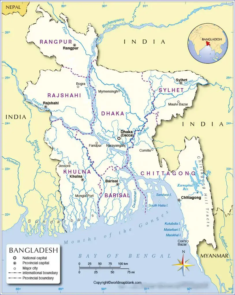 Labeled Map of Bangladesh with Cities