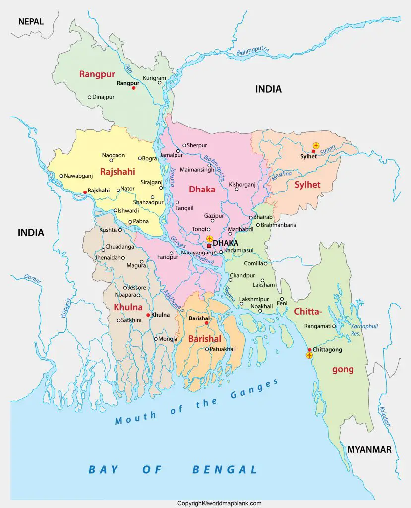 Labeled Map of Bangladesh with States