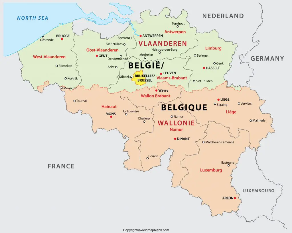 Labeled Map of Belgium with Cities