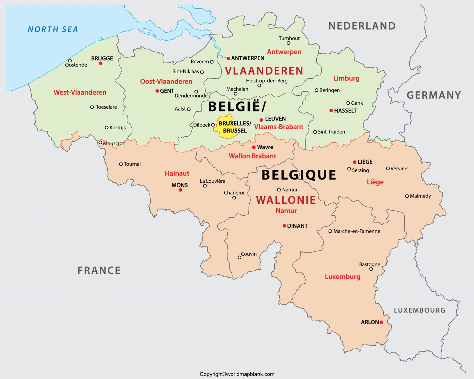 Labeled Map of Belgium with States, Capital & Cities