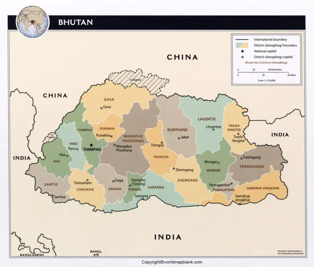 Labeled Bhutan Map with Capital