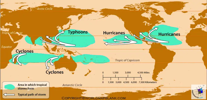 World Map of Hurricane Areas