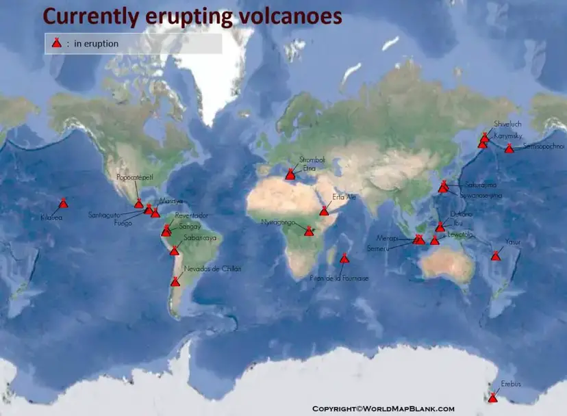 Printable Map of Active Volcanoes in the World