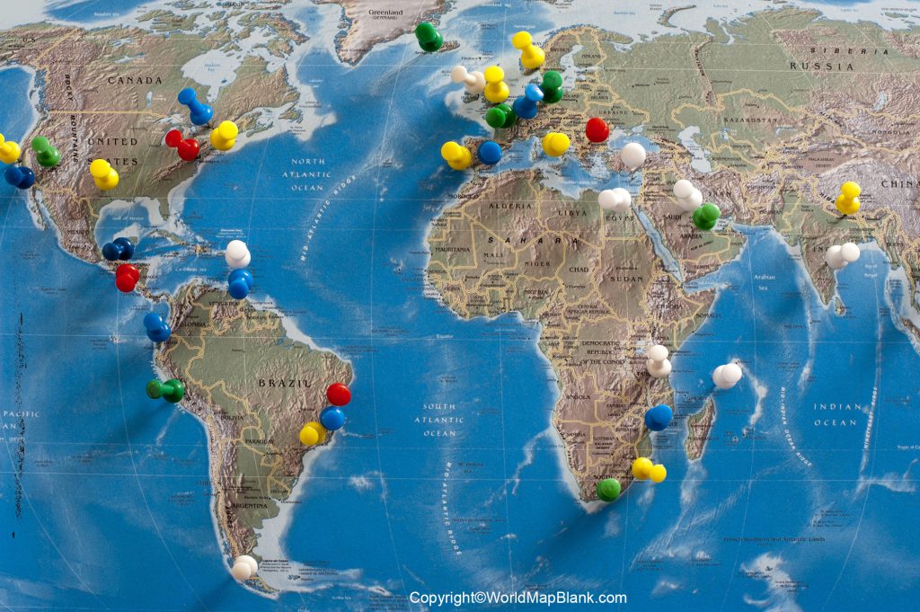 World Map with Pins To Mark Travels in PDF - Printable World Maps