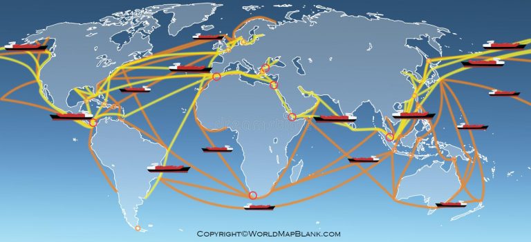World Shipping Routes Map with Ports in PDF