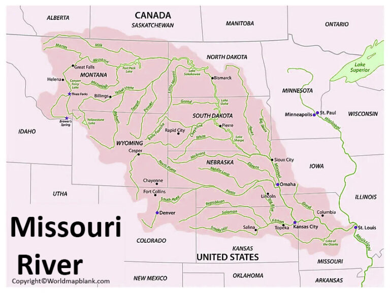 Missouri River Map Map Of Missouri River Location Missouri River On World Map 768x577
