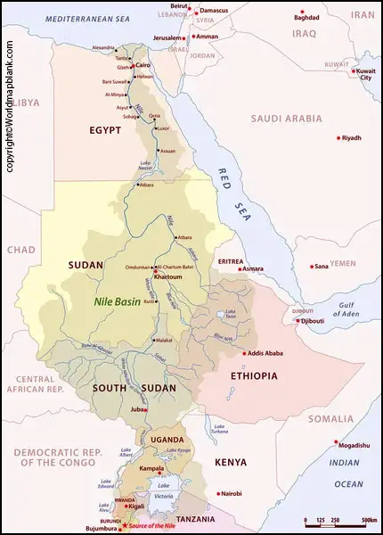 Nile River on Africa map