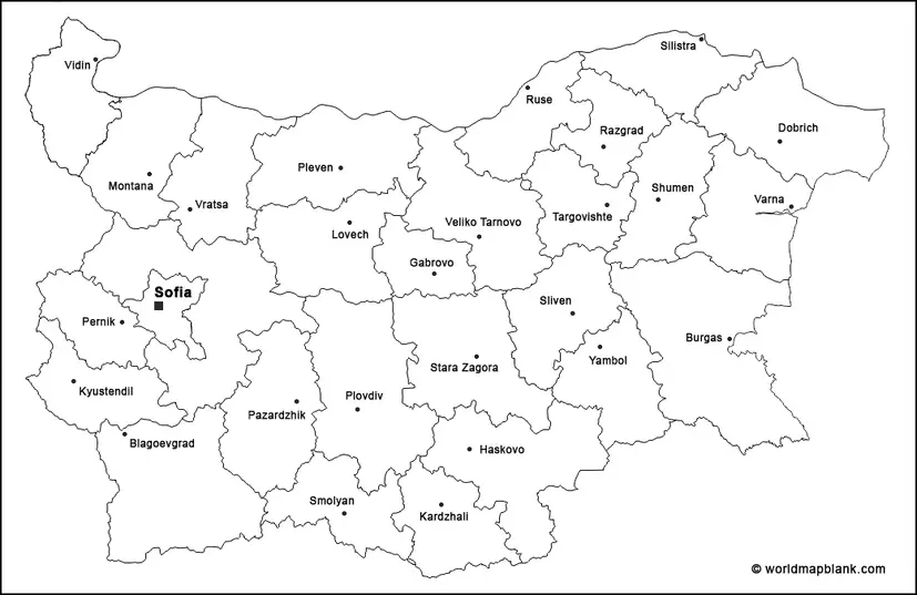 Blank Map of Bulgaria with Provinces and Citiy Names - EN