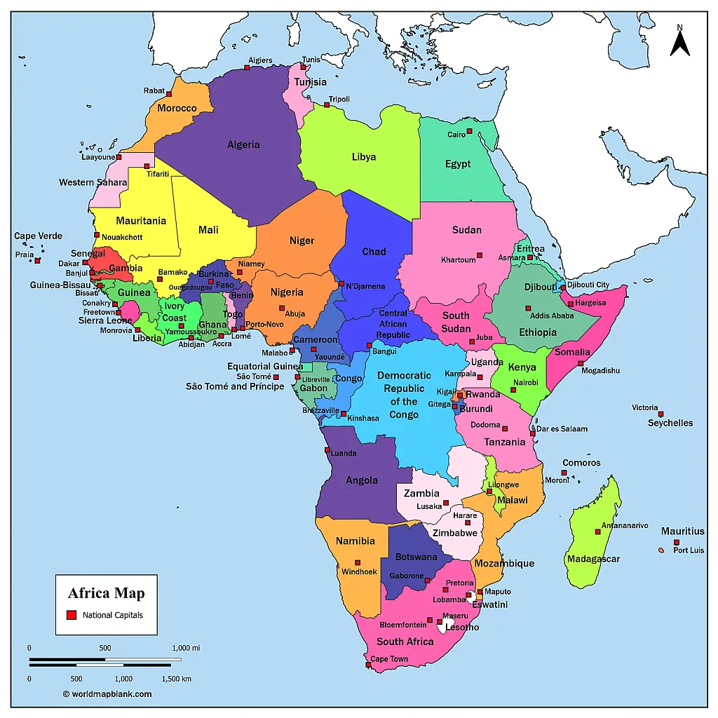 map of africa black and white with capitals