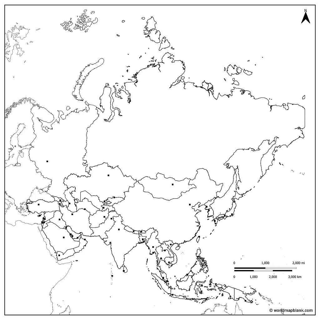 ​Carte vierge de l'Asie avec les capitales