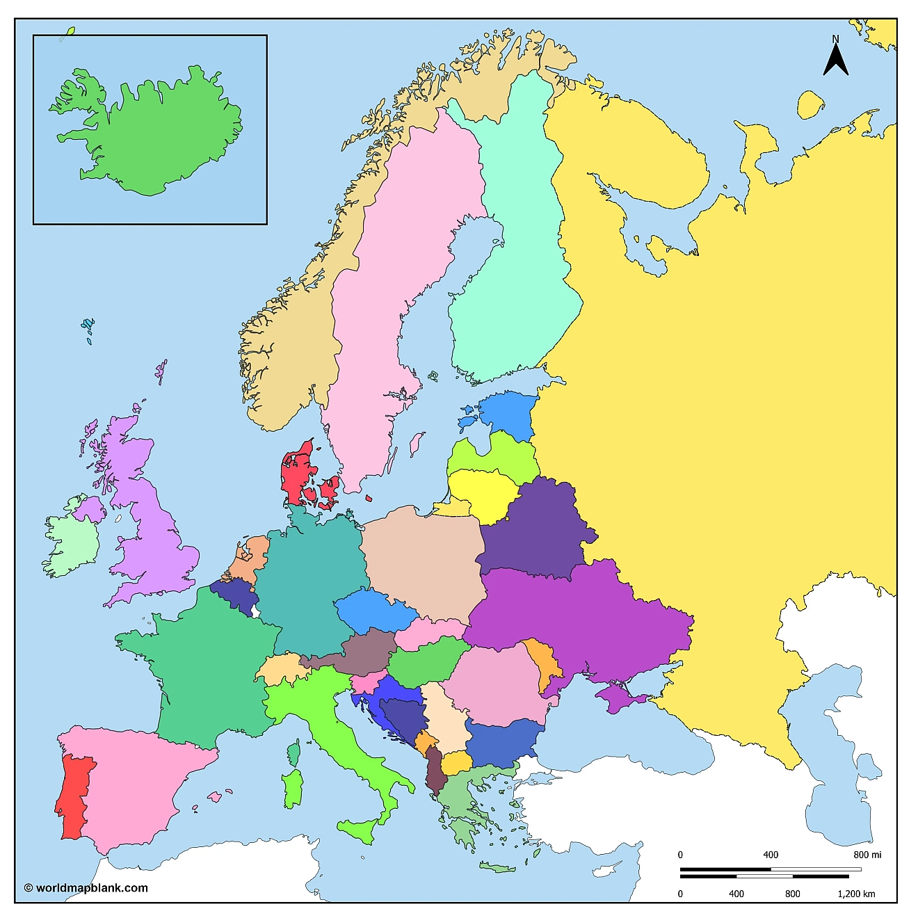 Stumme Europakarte mit Ländern farbig